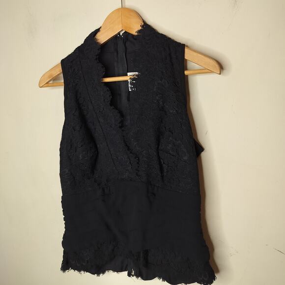 Tadashi Black Lace Sleeveless Top Silk Trim Surplice - Picture 2 of 11